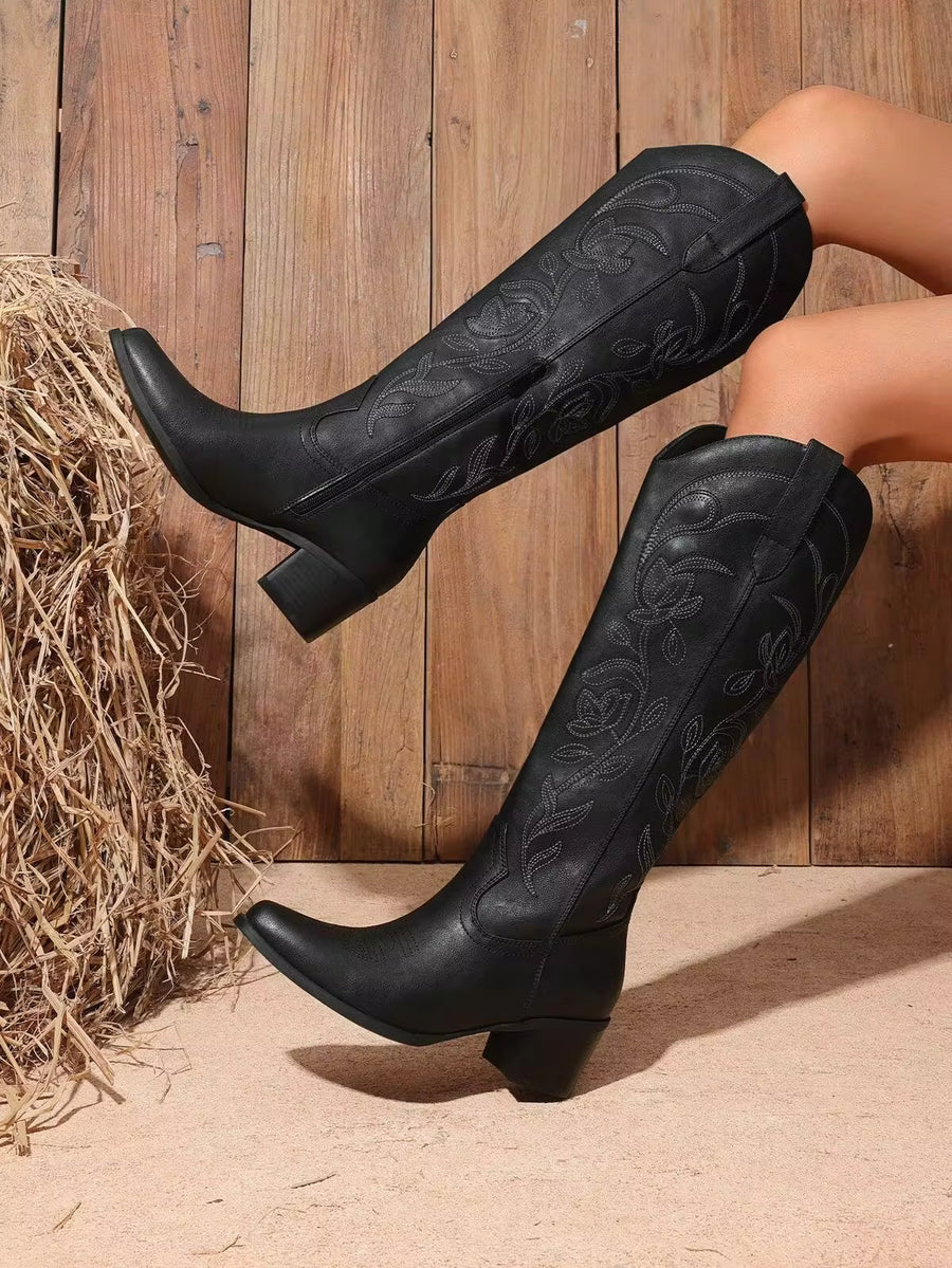 Womens Cowboy Boots Western Comfortable Chunky Heel Square Toe Fashionable Vintage Embroidered Cowgirl Knee High Boots